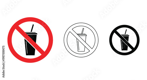 No drinking icons set with prohibition signs and straw cups