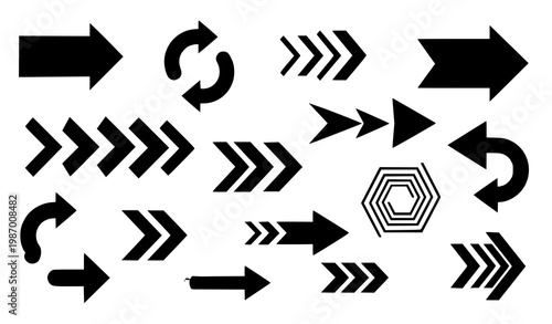 Bold flat arrow set vector with geometric directional shapes zigzag spiral and motion arrows modern design