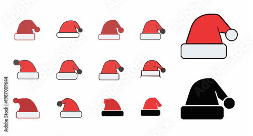 A collection of red and black Santa hats in various orientations and styles on a white background in a vector graphic illustration