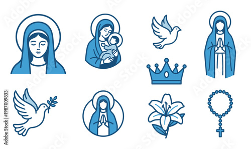 Blue outline vector icons of Virgin Mary, baby Jesus, dove of peace, lily flower, crown, and rosary. Religious catholic christian graphic design elements and symbols set.