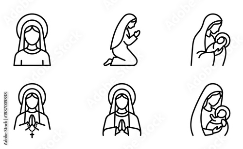 Minimalist line art vector icons of Virgin Mary praying, holding baby Jesus, and with rosary. Simple black outline religious catholic christian graphic design collection.