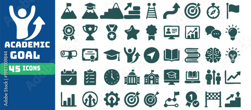Set of fortyfive academic achievement and education goal icons isolated transparent background