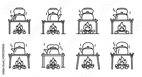 Line art depicting various stages of kettles heating over campfire setups