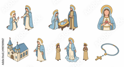 Isometric colored vector illustrations of Virgin Mary, holy nativity scene, catholic church, rosary and sacred heart. Religious 3d style graphic icons for christian faith design.