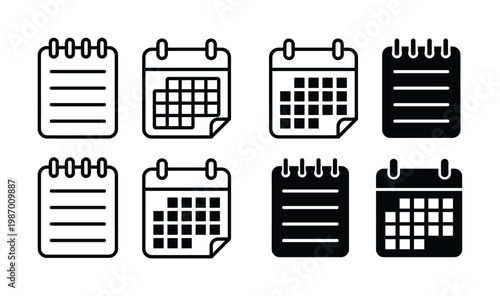 A versatile set of vector calendar and notepad icons, ideal for scheduling, planning, and note-taking applications. Clean, modern design suitable for UI/UX.