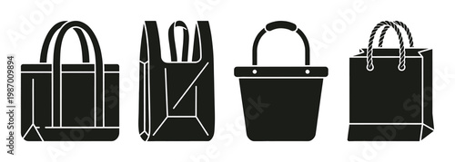 A set of black vector silhouettes featuring various shopping bags, a tote, a plastic carrier, a bucket, and a paper gift bag. Ideal for retail, delivery, and e-commerce designs.