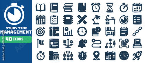 Set of forty study time management icons for educational and productivity purposes
