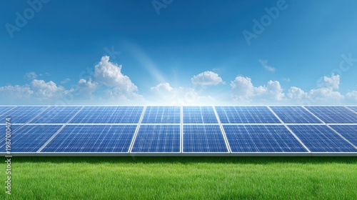 Solar Panels Array Under Clear Blue Sky with Green Grass in Bright Sunlight, Renewable Energy Concept