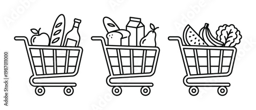 Vector illustration of three black outline shopping carts filled with assorted groceries like fruits, bread, milk, and wine. Ideal for e-commerce, food delivery apps, and retail branding.