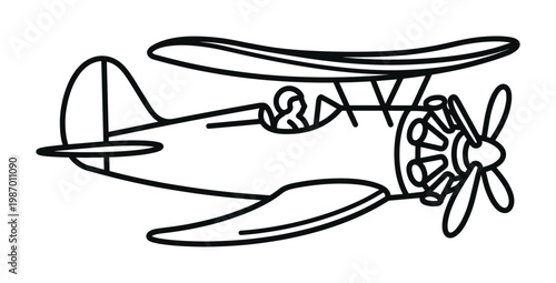 A clean line art illustration of a classic biplane with a pilot. Perfect for retro aviation themes, kids' content, or historical travel designs.