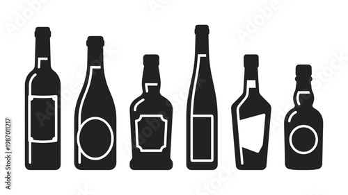 Vector illustration of diverse alcohol bottles. Ideal for menus, branding, web design, or app icons. Clean, minimalist graphic for beverage industry needs.