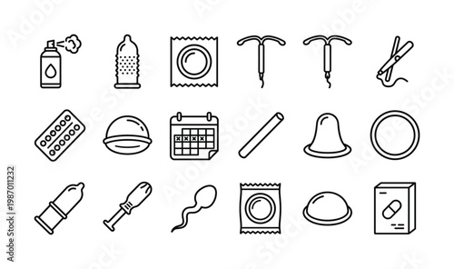 Modern vector line icons for birth control, family planning, and sexual health. Ideal for medical websites, apps, and educational infographics.