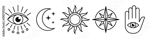 Mystical celestial symbols vector icons: all-seeing eye, moon, sun, compass, hamsa. Ideal for spiritual, bohemian, esoteric designs and branding projects.
