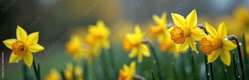 Fototapeta premium Yellow daffodils bloom on a wet winter day. Small bright flowers show first signs of spring. Water drops on petals. Nature awakens after cold season.
