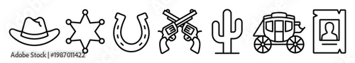 Essential vector collection of Wild West outline icons: cowboy hat, sheriff badge, revolvers, cactus, stagecoach, and wanted poster. Great for themed designs.