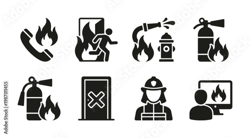A comprehensive set of fire safety icons depicting emergency calls, escape, extinguishing equipment, and firefighters. Essential for safety guidelines and warnings.