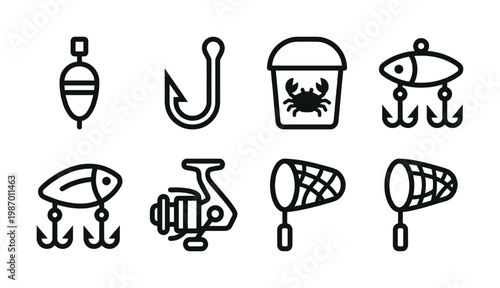 A collection of simple black outline vector icons depicting various fishing gear and related items, including a bobber, hook, lures, reel, net, and crab bucket. Ideal for web and app design