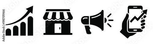 Set of modern black vector icons illustrating business growth, retail, marketing promotion, and mobile commerce. Ideal for websites, apps, and presentations.