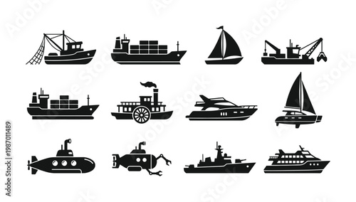 Collection of diverse black silhouette icons representing various water vessels like ships, boats, submarines, and yachts. Perfect for maritime, transport, or travel designs.
