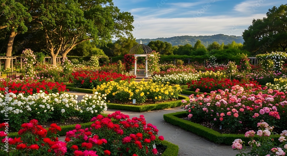 Obraz premium Vibrant flower garden with colorful blooms and lush greenery under blue sky