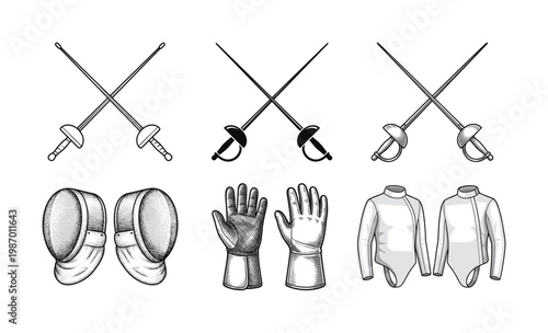 Collection of vector illustrations featuring fencing equipment like foils, masks, gloves, and jackets. Ideal for sports designs, active lifestyle, or historical themes.