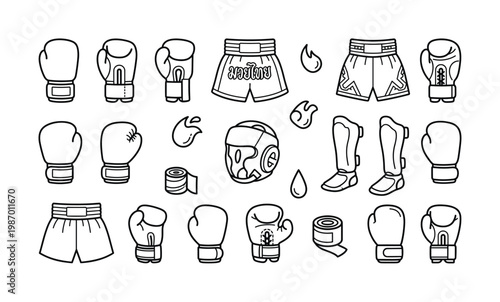 Collection of vector line art icons featuring Muay Thai and boxing equipment like gloves, shorts, headgear, and wraps. Ideal for sports design.