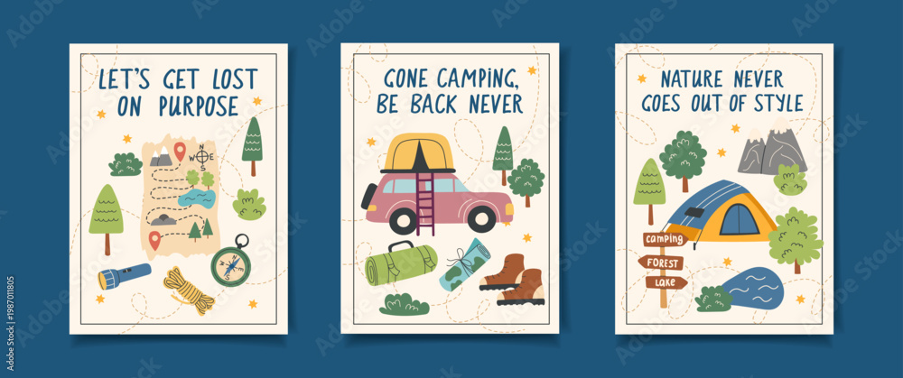 Fototapeta premium Set of camping posters with travel objects6. Vector flat collection of cards. The concept of travel, camping, hiking and outdoor recreation.