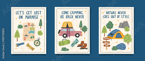 Set of camping posters with travel objects6. Vector flat collection of cards. The concept of travel, camping, hiking and outdoor recreation.