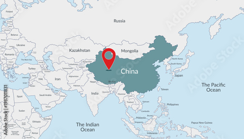 China on political map with location marker3. Travel concept. Vector flat political map of China and surrounding countries in Asia.