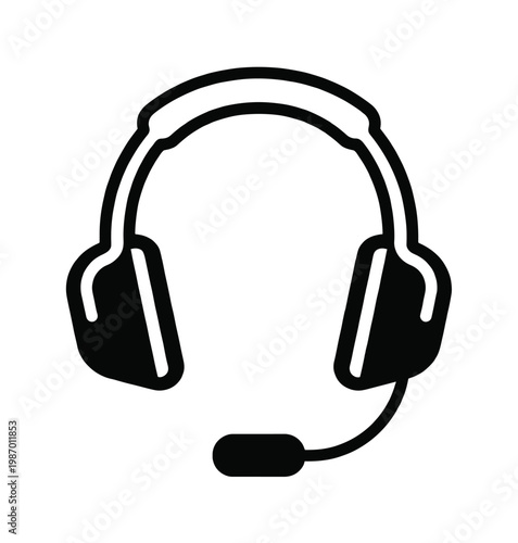 Monochrome vector icon depicting a headset with an attached microphone. Perfect for communication, customer service, gaming, and multimedia applications.