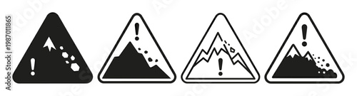 Vector set of black and white landslide and rockfall warning signs. Ideal for safety advisories, travel apps, hazard warnings, and outdoor sports guides.