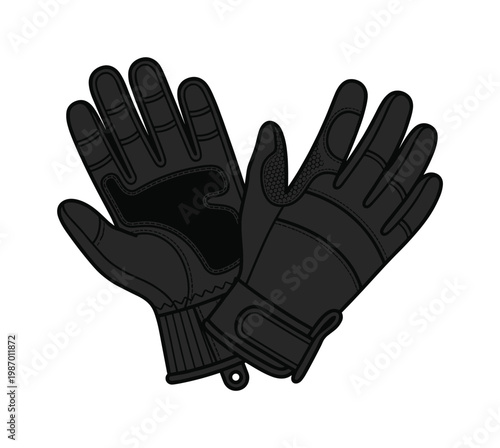 Pair of black tactical gloves, designed for work, sport, or protection. Clean vector illustration, ideal for icons, apparel ads, and safety graphics.