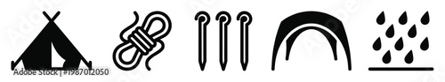 Vector icon set for camping and outdoor activities. Features tent, rope, pegs, awning, and rain. Ideal for web design, apps, and adventure graphics.