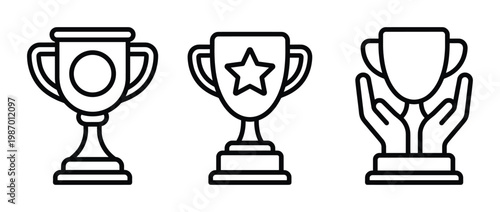 Minimalist black outline trophy icons representing success, award, and competition. Ideal for web, apps, or print designs needing achievement symbols.