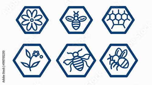 Six blue outlined icons, each within a hexagon, depicting a flower, bee, honeycomb, and more