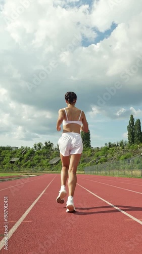 Morning jog motivation, sporty woman runs at a stadium track on a sunny day, back view, pro runner marathon daily training, slow motion moving forward.
