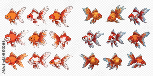 Collection of various goldfish breeds in different poses and colors, isolated on a transparent background.