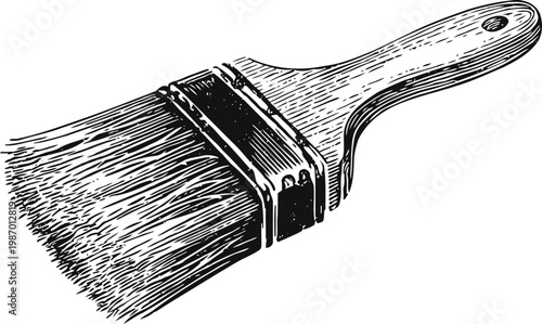 Detailed black and white illustration of a paintbrush with wooden handle and fine bristles