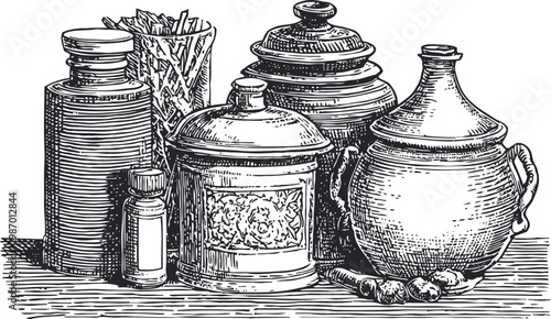 Vintage apothecary jars and containers with herbs and roots illustration in black and white