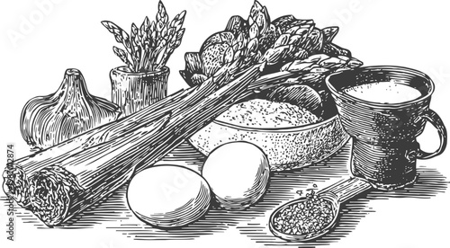 Rustic cooking ingredients set with garlic, eggs, herbs, spices, grains, and a cup for kitchen meal preparation