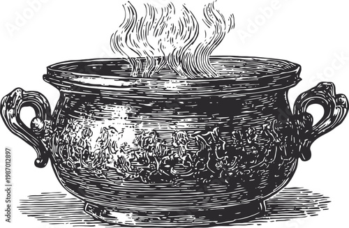 Vintage steaming soup pot illustration ornate cast iron cauldron with handles and floral decoration old kitchenware sketch design