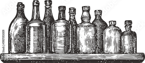 Vintage glass bottles set on wooden shelf hand drawn antique container collection for liquids and decor illustration