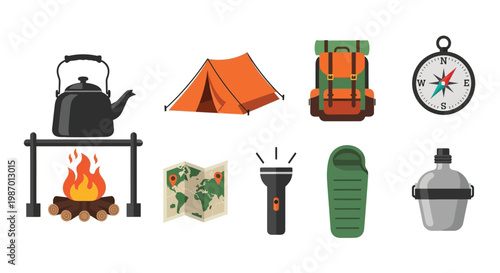 Camping equipment illustration featuring a tent backpack and various outdoor tools