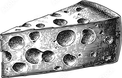 Vintage illustration of a wedge of swiss cheese with characteristic holes and textured surface