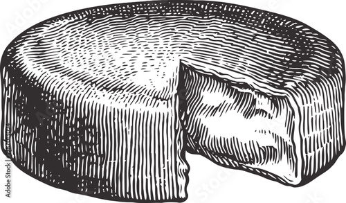 Round cheese wheel with a wedge cut out vintage engraved dairy illustration, detailed monochrome food art
