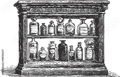 Vintage apothecary cabinet with glass bottles and jars for old pharmacy medicine collection