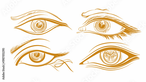 Four stylized eye illustrations with detailed irises, various brow shapes, and different eyelash strokes