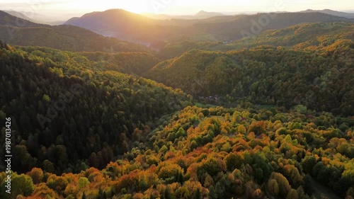 Aerial pull back over autumn forest and hills at sunset