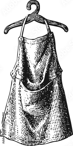 Vintage apron hanging on wooden hanger detailed engraving monochrome illustration