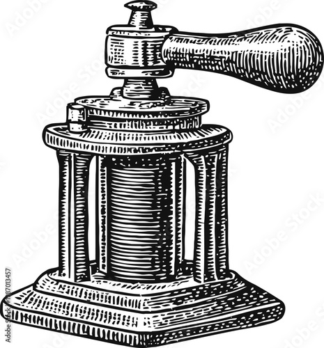 Vintage manual coffee grinder with wooden handle detailed engraving illustration
